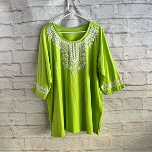 Woman Within Embroidered Green Women's Top Tunic Cottagecore Boho  100% Cotton